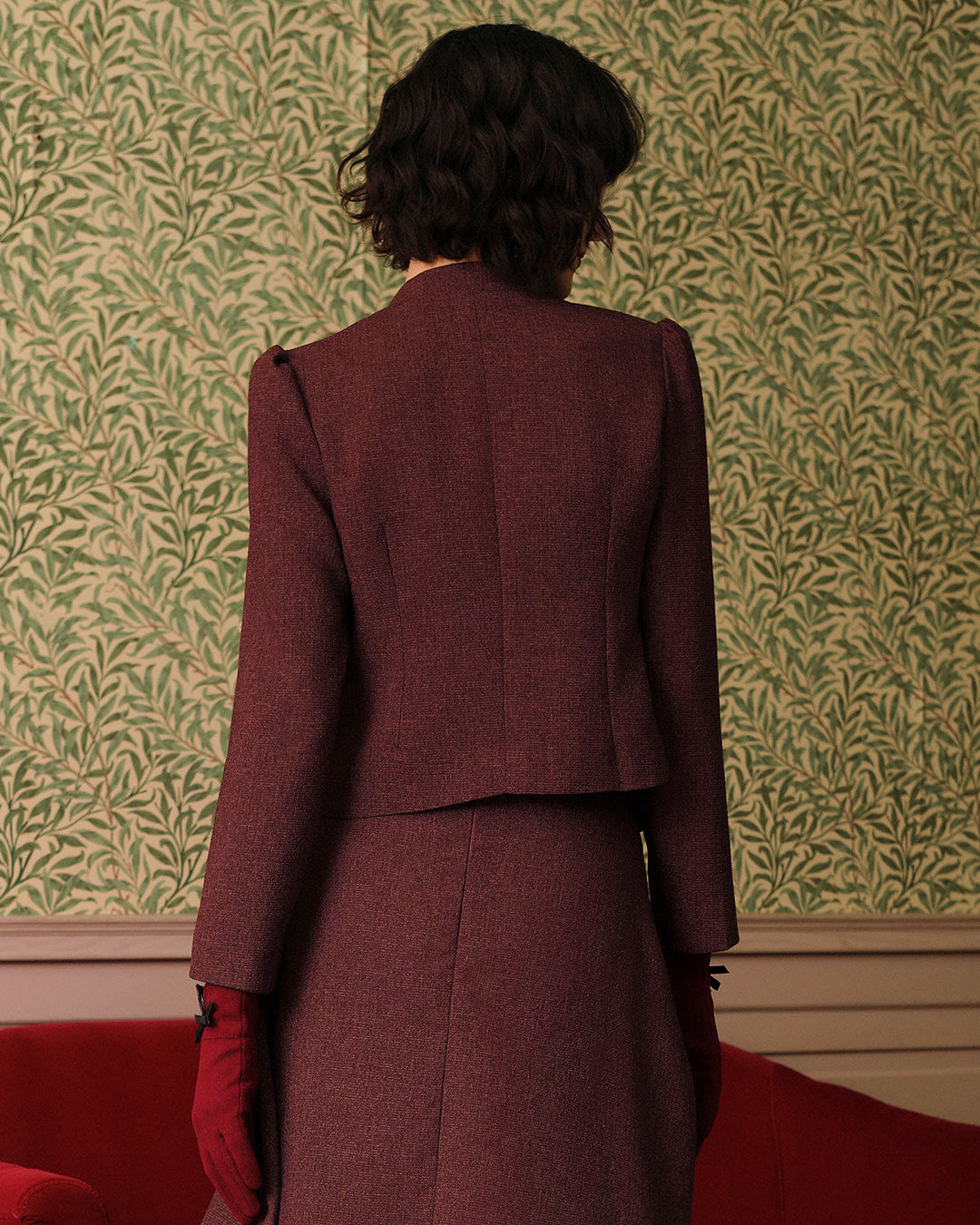 Burgundy Retro Single-breasted Tweed Jacket - Celestia Couture