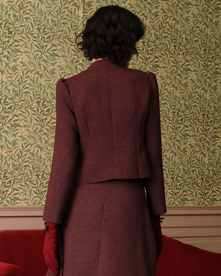 Burgundy Retro Single-breasted Tweed Jacket - Celestia Couture