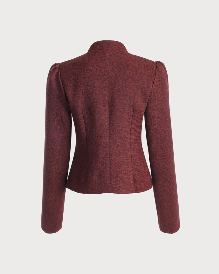 Burgundy Retro Single-breasted Tweed Jacket - Celestia Couture