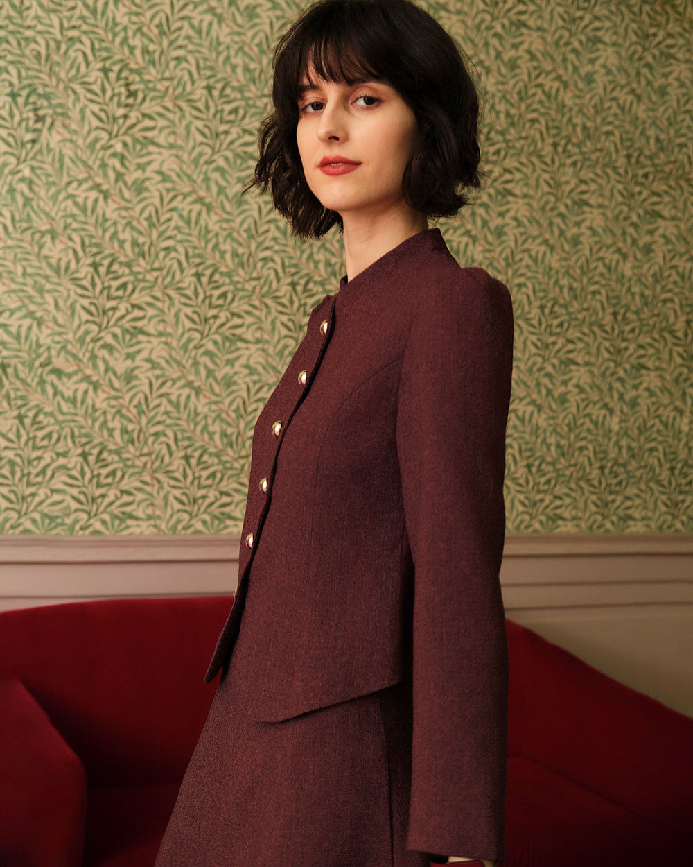 Burgundy Retro Single-breasted Tweed Jacket - Celestia Couture