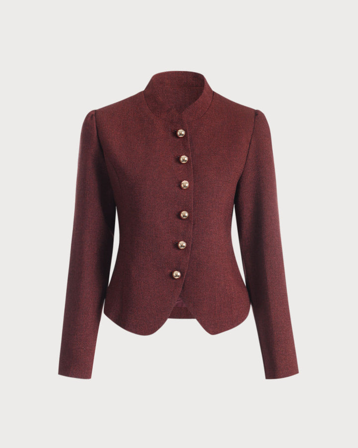 Burgundy Retro Single-breasted Tweed Jacket - Celestia Couture