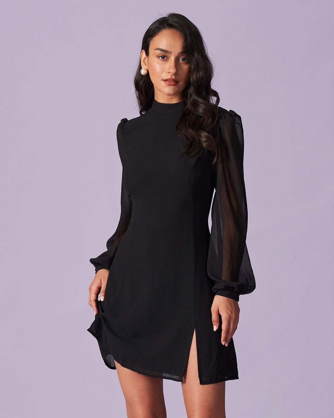 The Black Stand Collar Sheer Slit Mini Dress - Celestia Couture