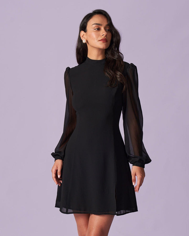 The Black Stand Collar Sheer Slit Mini Dress - Celestia Couture