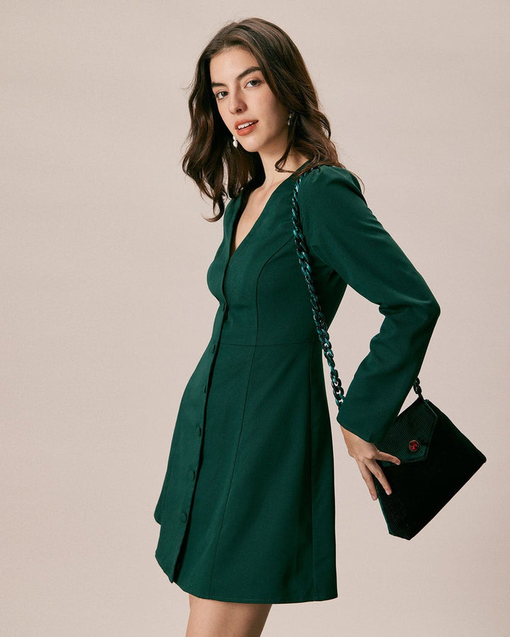 The Green V Neck Button Shirt Mini Dress - Celestia Couture