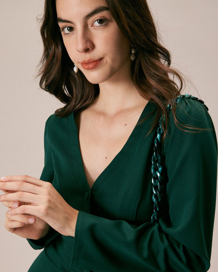 The Green V Neck Button Shirt Mini Dress - Celestia Couture