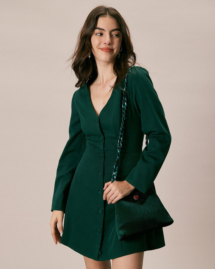 The Green V Neck Button Shirt Mini Dress - Celestia Couture