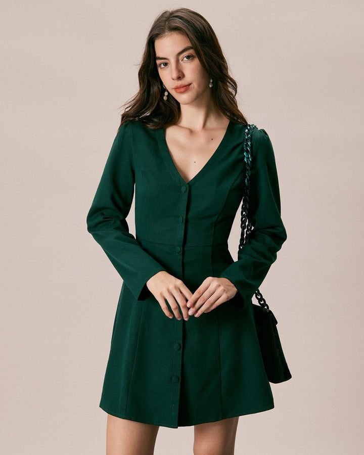 The Green V Neck Button Shirt Mini Dress - Celestia Couture