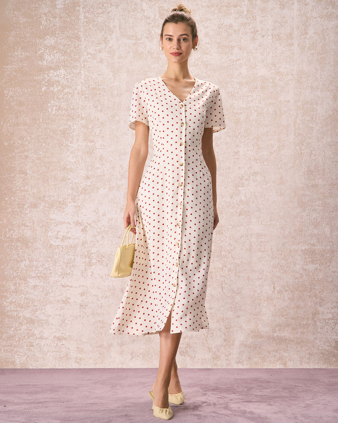 The Beige V Neck Polka Dot Button Midi Dress - Celestia Couture