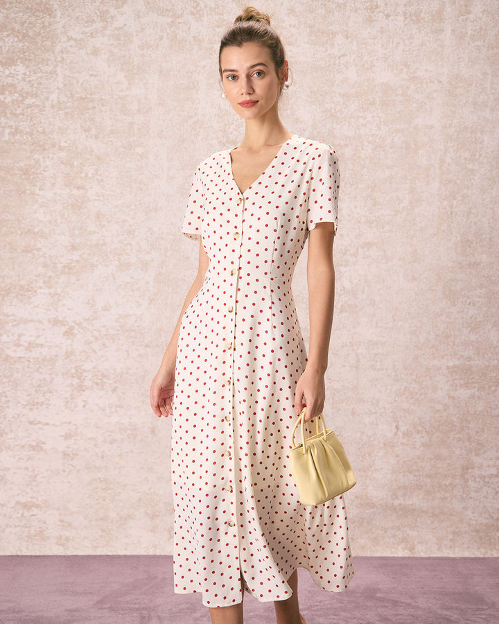 The Beige V Neck Polka Dot Button Midi Dress - Celestia Couture