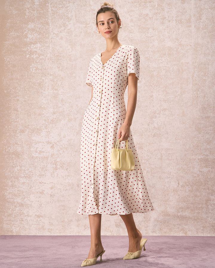 The Beige V Neck Polka Dot Button Midi Dress - Celestia Couture