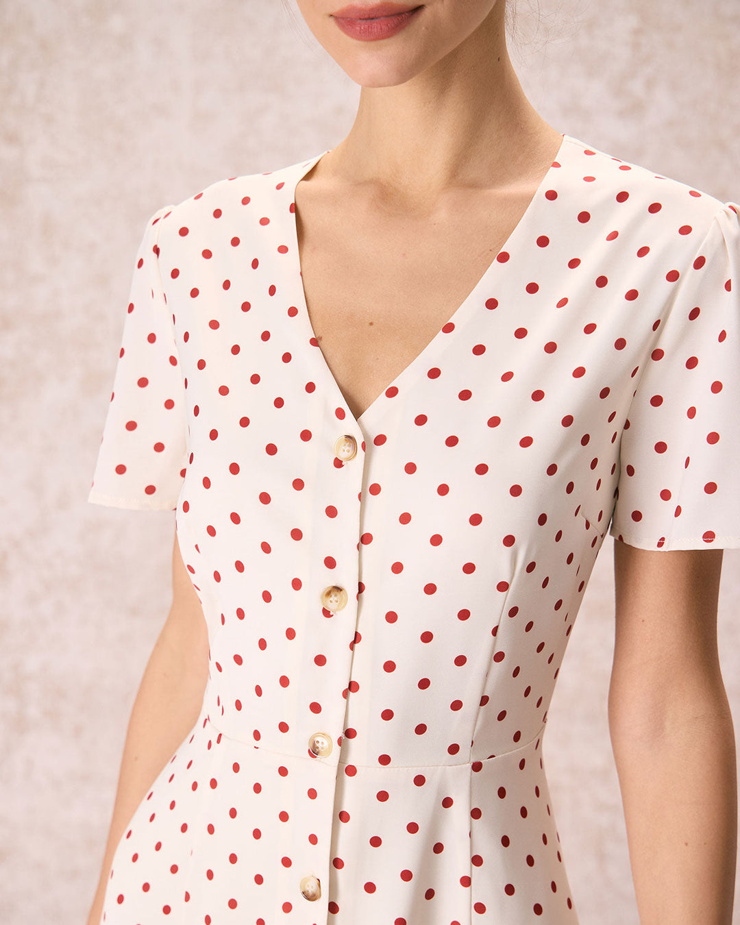 The Beige V Neck Polka Dot Button Midi Dress - Celestia Couture