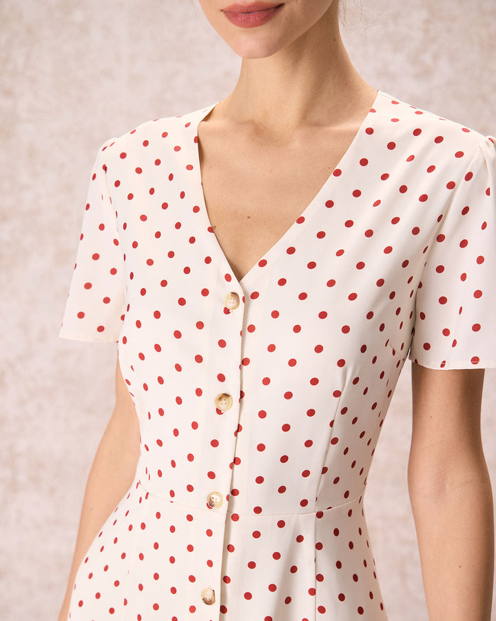 The Beige V Neck Polka Dot Button Midi Dress - Celestia Couture