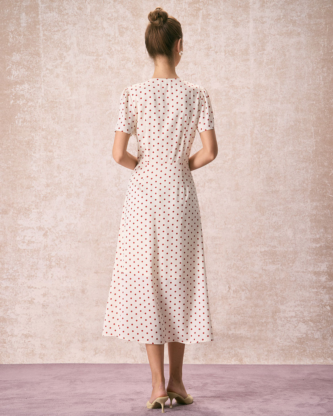 The Beige V Neck Polka Dot Button Midi Dress - Celestia Couture