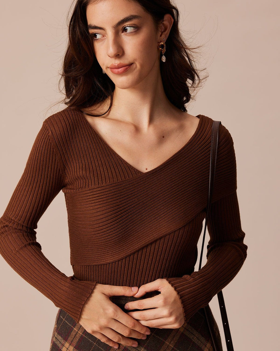 The Coffee V Neck Criss-Cross Wrap Knit Top - Celestia Couture