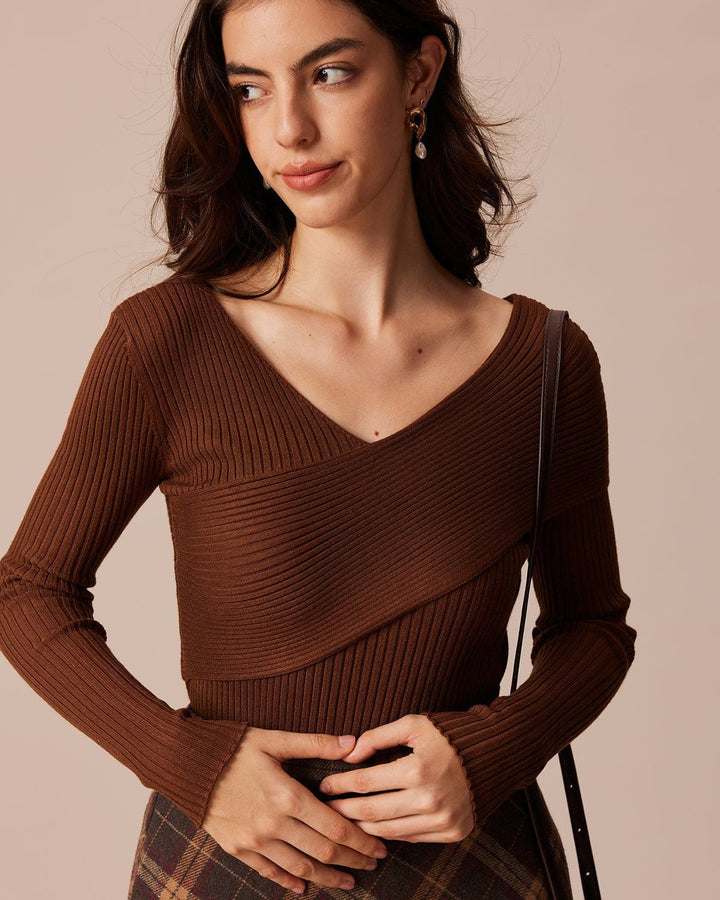The Coffee V Neck Criss-Cross Wrap Knit Top - Celestia Couture