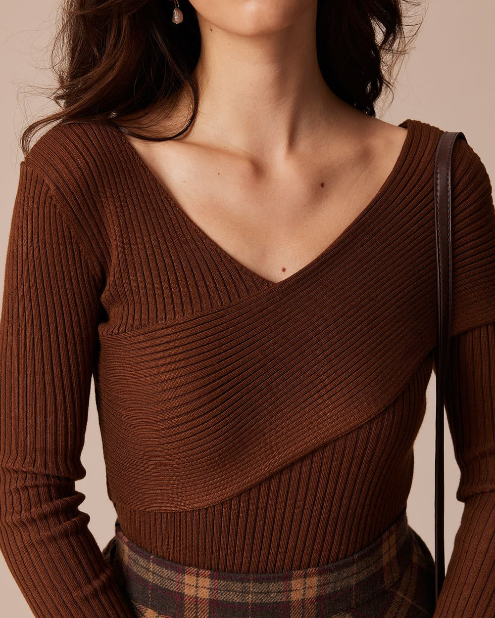 The Coffee V Neck Criss-Cross Wrap Knit Top - Celestia Couture