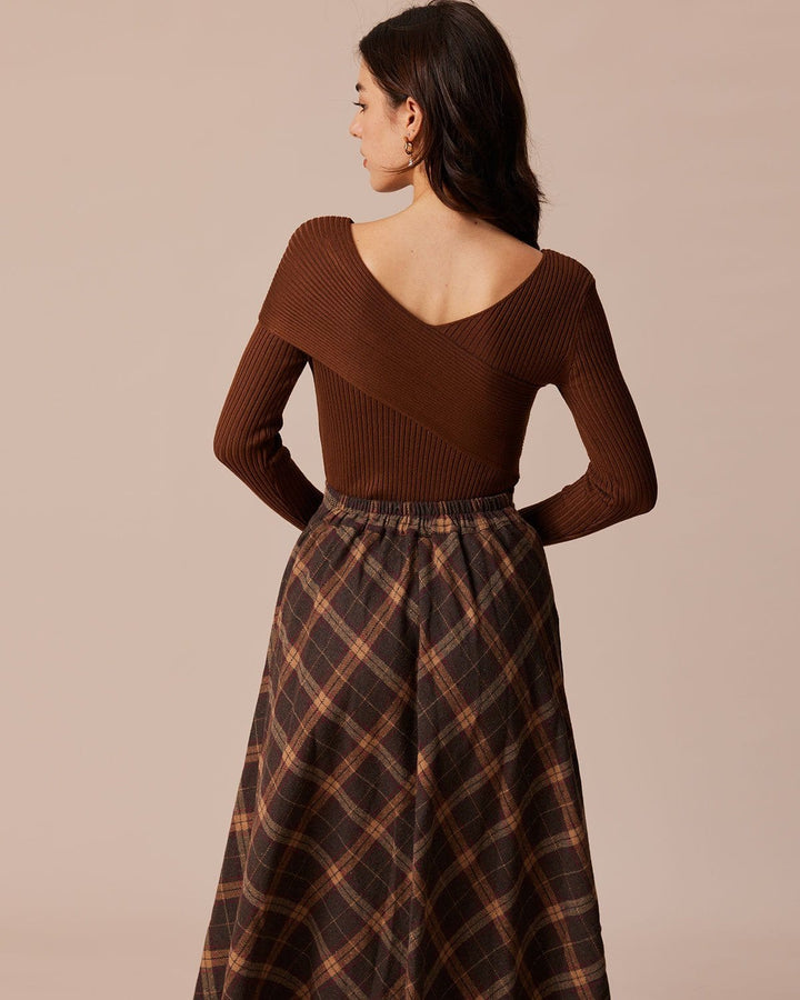 The Coffee V Neck Criss-Cross Wrap Knit Top - Celestia Couture
