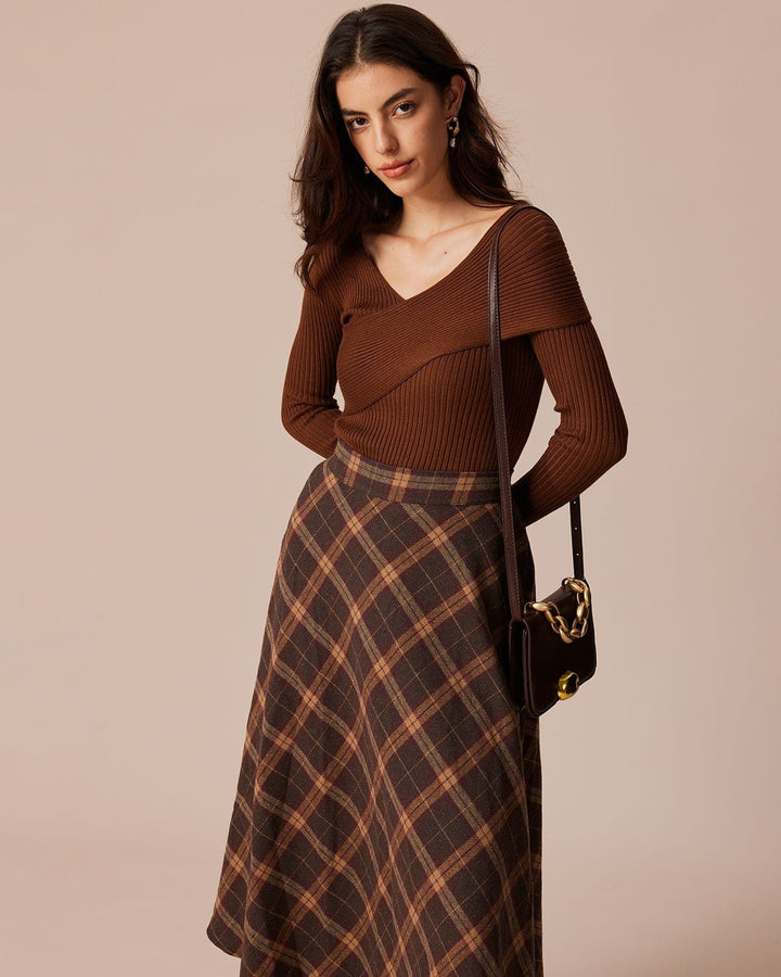 The Coffee V Neck Criss-Cross Wrap Knit Top - Celestia Couture
