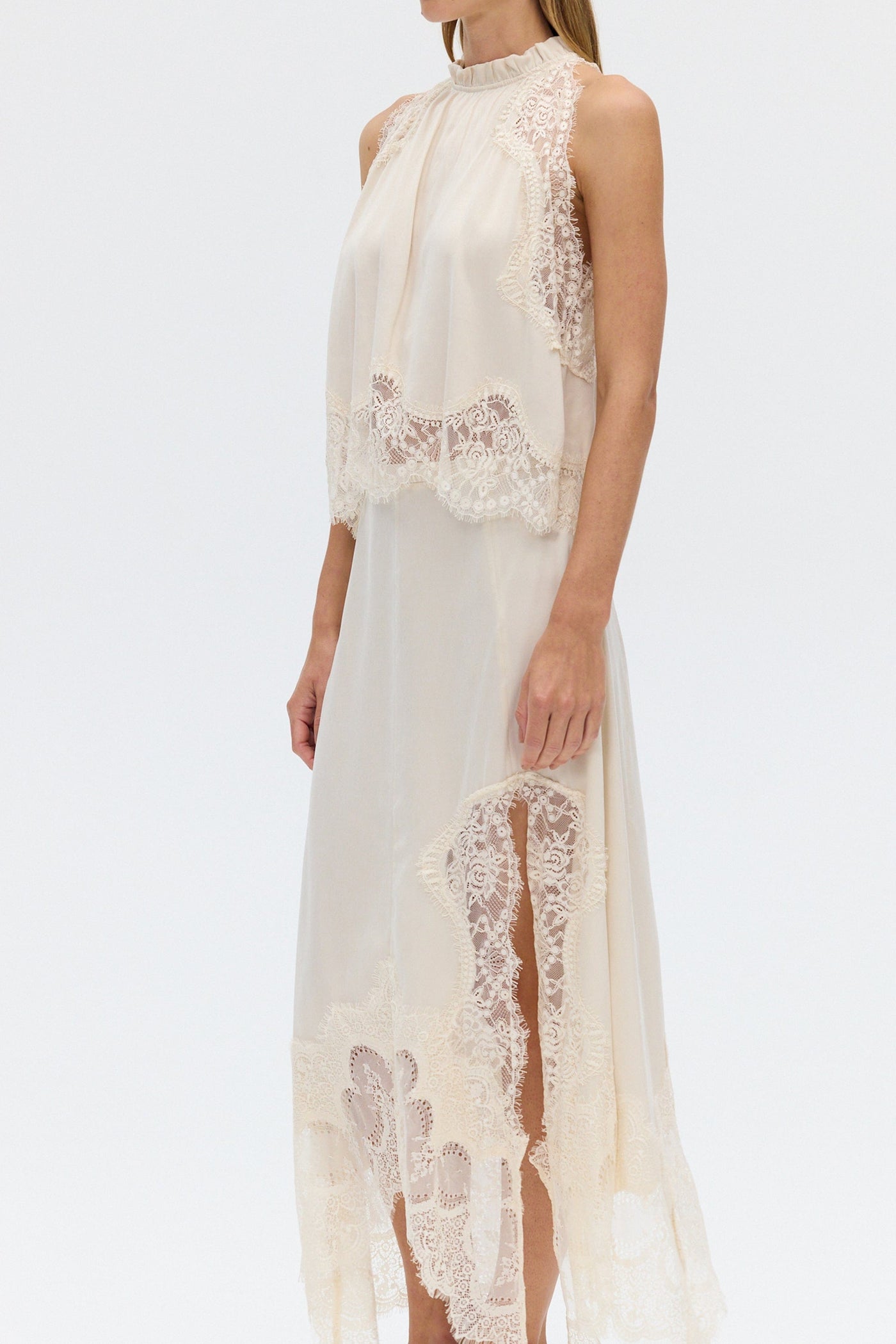Modern Muse Satin Lace Trim Pleated Neck Top and A-line Irregular Slit Skirt Set