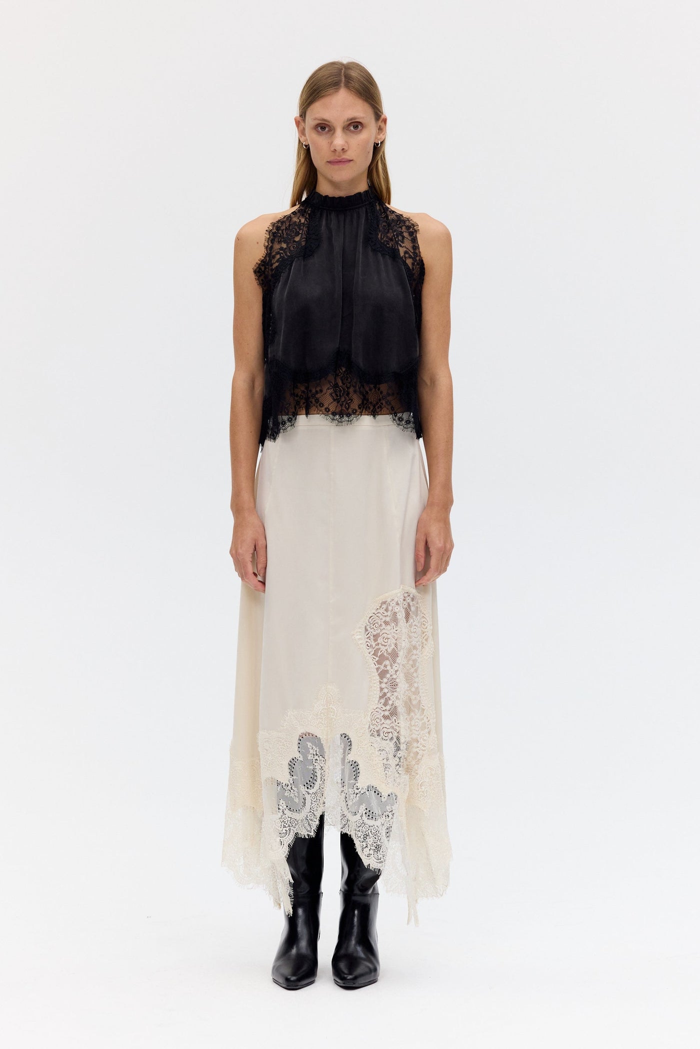 Modern Muse Satin Lace Trim Pleated Neck Top and A-line Irregular Slit Skirt Set