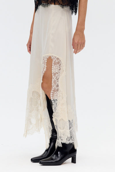 Modern Muse Satin Lace Trim Pleated Neck Top and A-line Irregular Slit Skirt Set