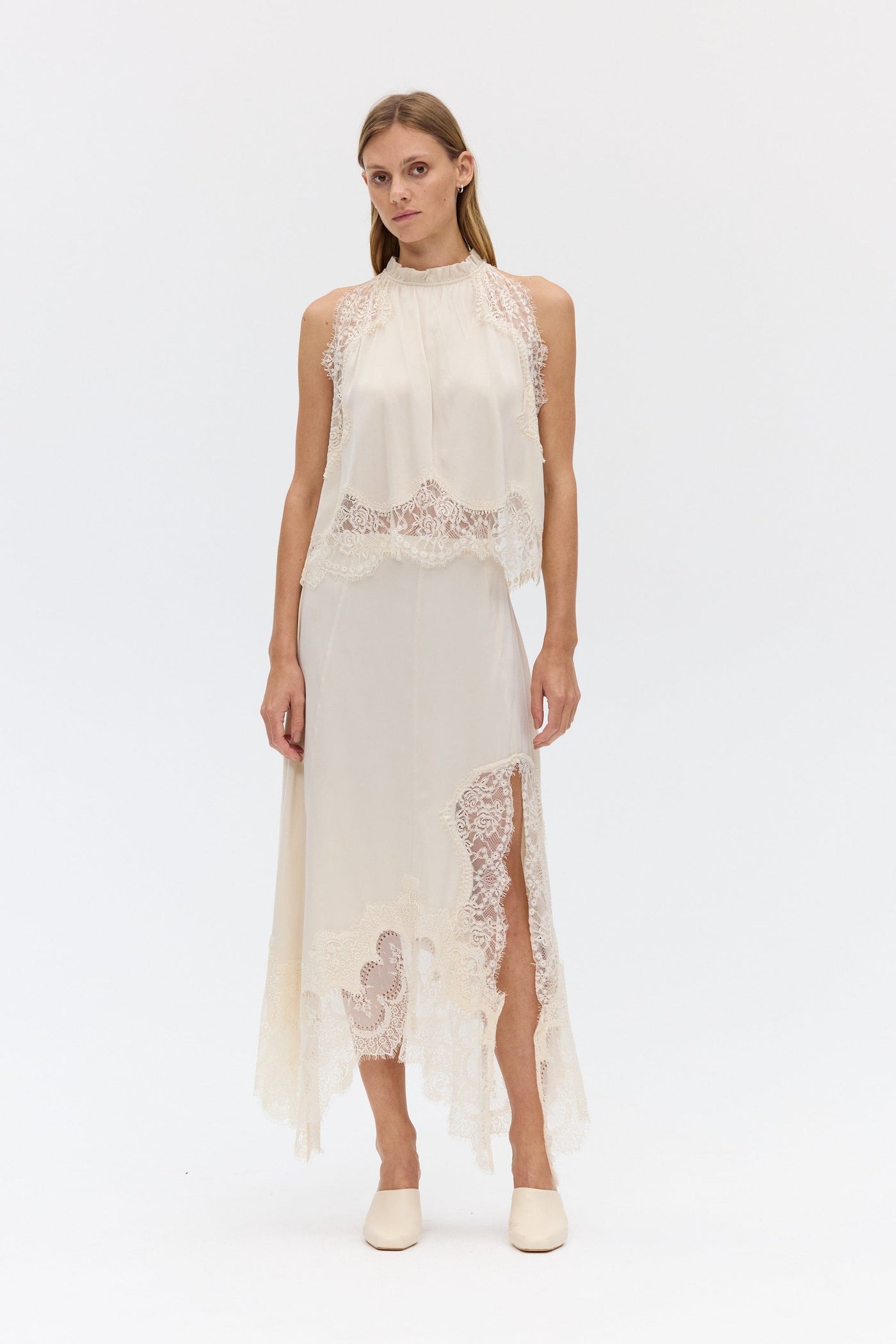 Modern Muse Satin Lace Trim Pleated Neck Top and A-line Irregular Slit Skirt Set