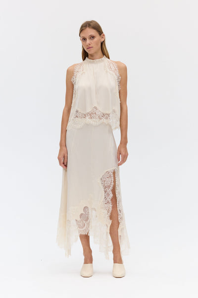 Modern Muse Satin Lace Trim Pleated Neck Top and A-line Irregular Slit Skirt Set
