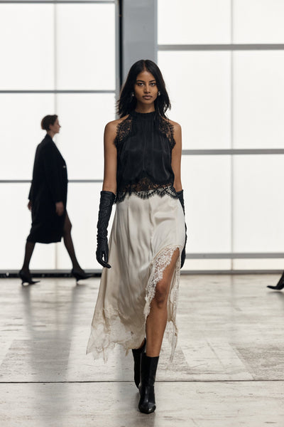 Modern Muse Satin Lace Trim Pleated Neck Top and A-line Irregular Slit Skirt Set