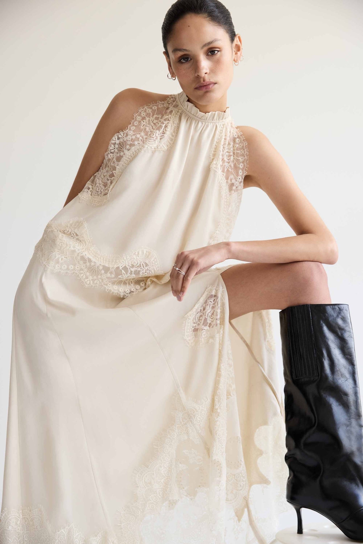 Modern Muse Satin Lace Trim Pleated Neck Top and A-line Irregular Slit Skirt Set