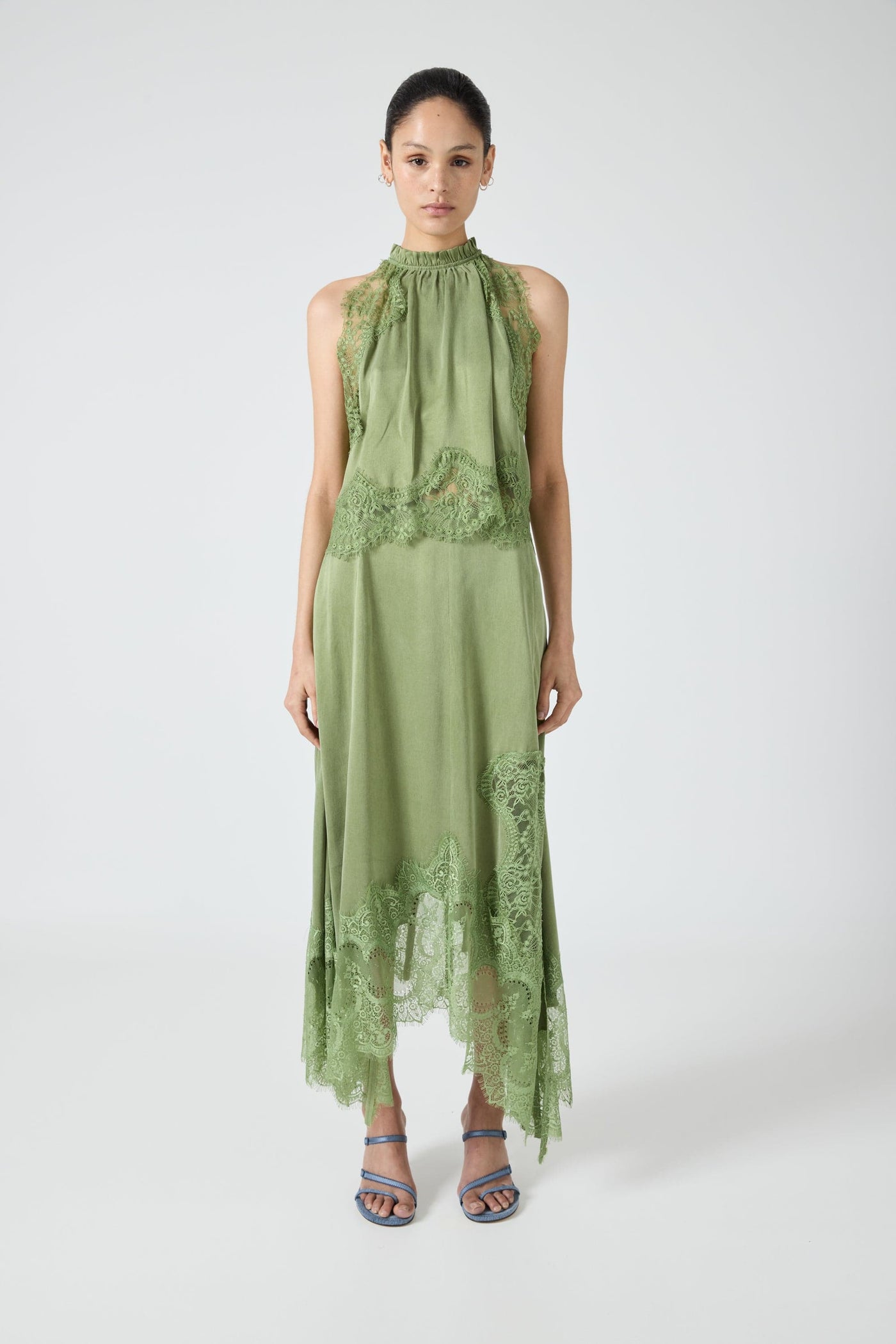 Modern Muse Satin Lace Trim Pleated Neck Top and A-line Irregular Slit Skirt Set