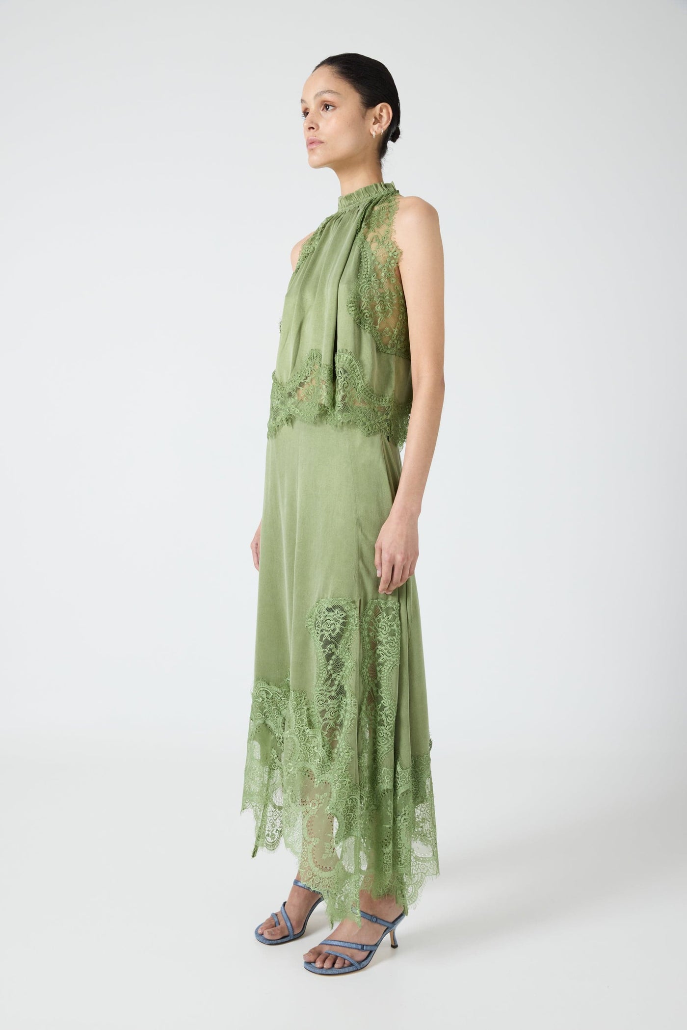 Modern Muse Satin Lace Trim Pleated Neck Top and A-line Irregular Slit Skirt Set