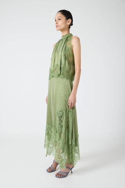 Modern Muse Satin Lace Trim Pleated Neck Top and A-line Irregular Slit Skirt Set