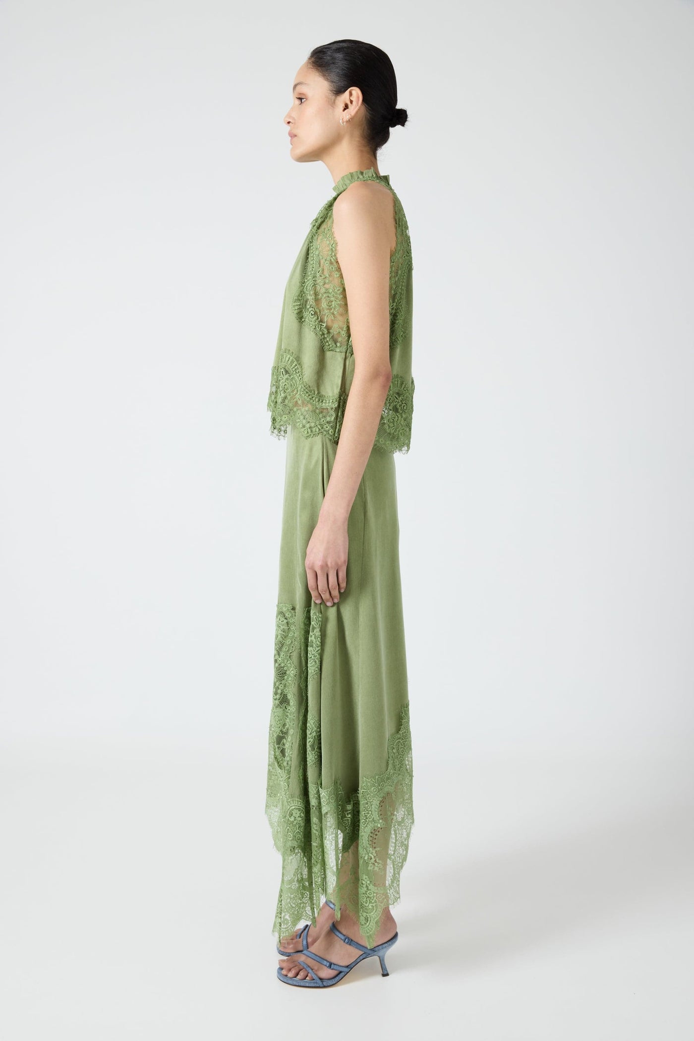 Modern Muse Satin Lace Trim Pleated Neck Top and A-line Irregular Slit Skirt Set