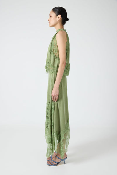 Modern Muse Satin Lace Trim Pleated Neck Top and A-line Irregular Slit Skirt Set