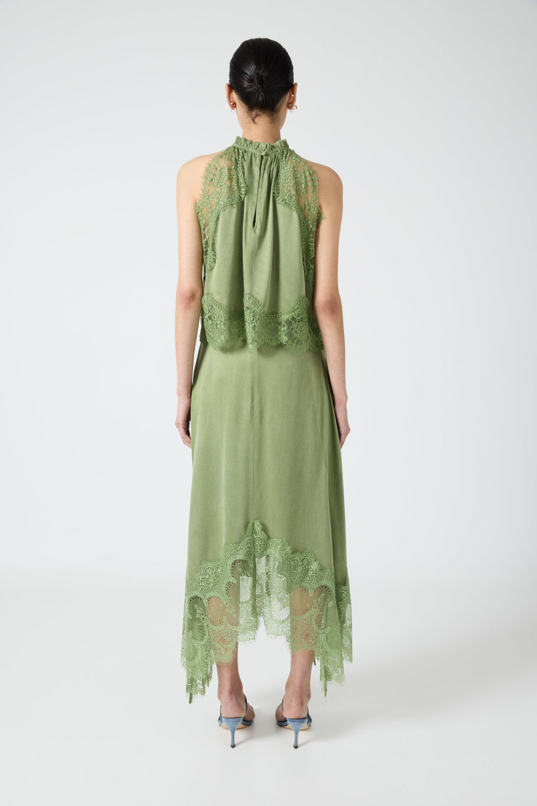 Modern Muse Satin Lace Trim Pleated Neck Top and A-line Irregular Slit Skirt Set