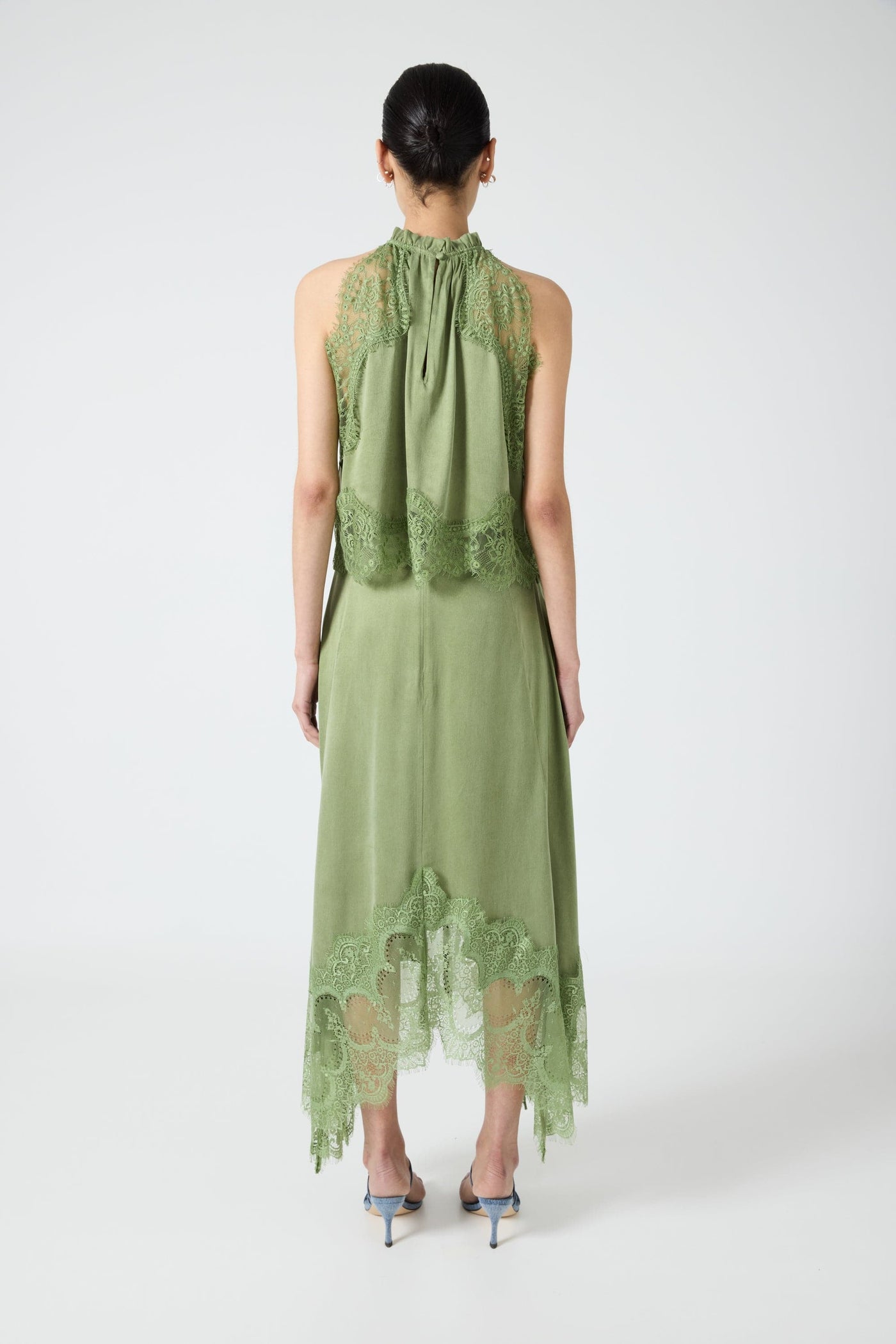 Modern Muse Satin Lace Trim Pleated Neck Top and A-line Irregular Slit Skirt Set