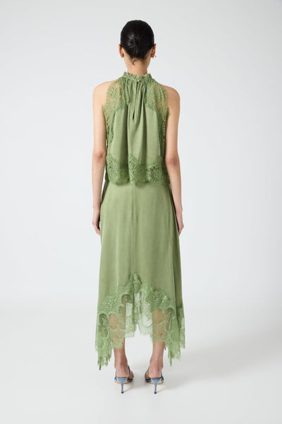 Modern Muse Satin Lace Trim Pleated Neck Top and A-line Irregular Slit Skirt Set