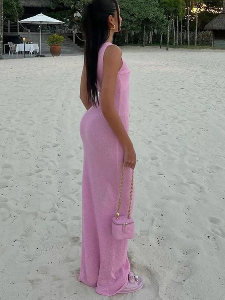 Elegant Sheer Ruched Maxi Dress in Cozy Knit - Celestial Couture