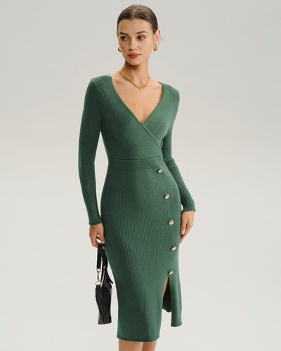 Green Slit Wrap Sweater Dress