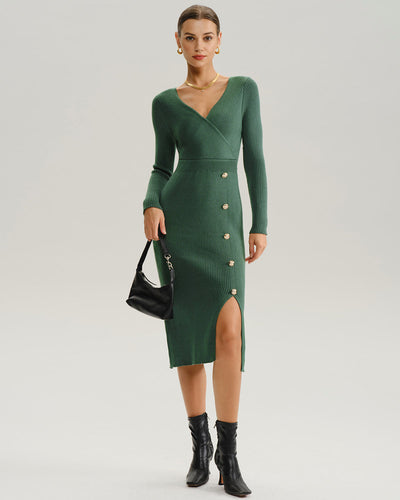 Green Slit Wrap Sweater Dress