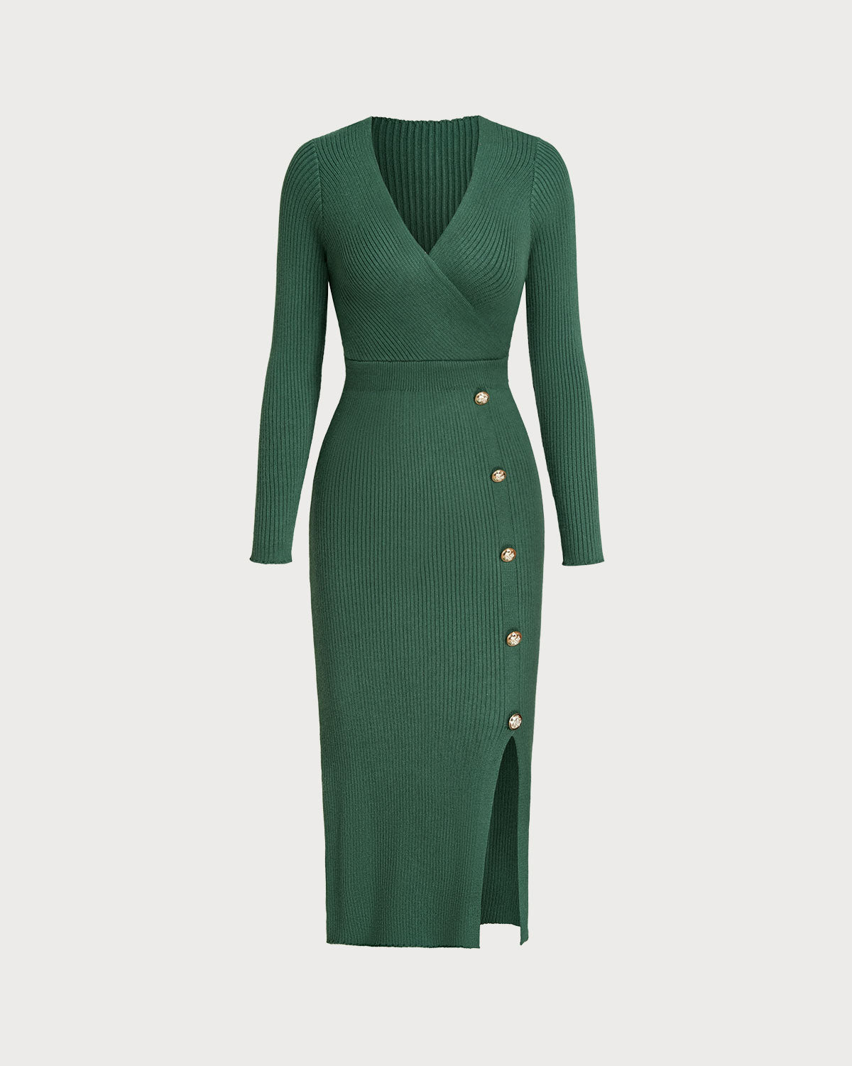 Green Slit Wrap Sweater Dress