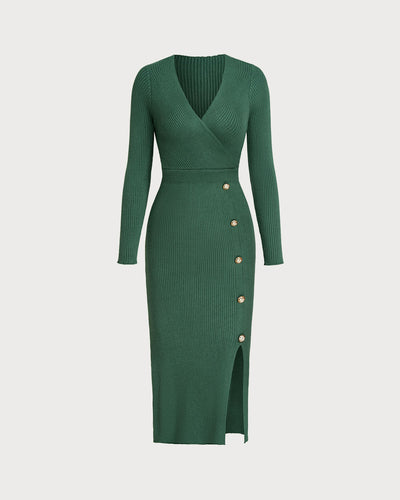 Green Slit Wrap Sweater Dress
