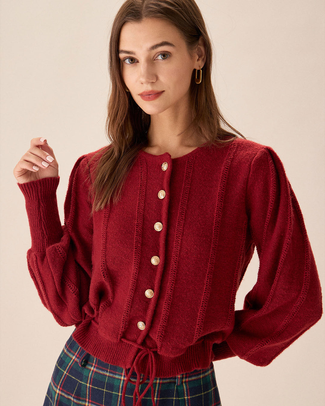 Red Lantern Sleeve Single-Breasted Cardigan - Celestia Couture