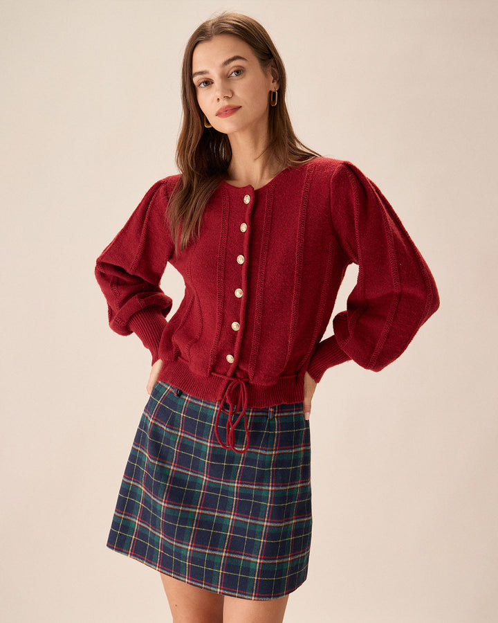 Red Lantern Sleeve Single-Breasted Cardigan - Celestia Couture