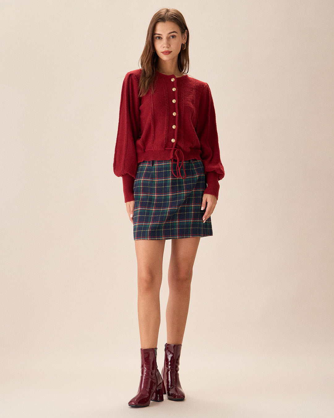 Red Lantern Sleeve Single-Breasted Cardigan - Celestia Couture