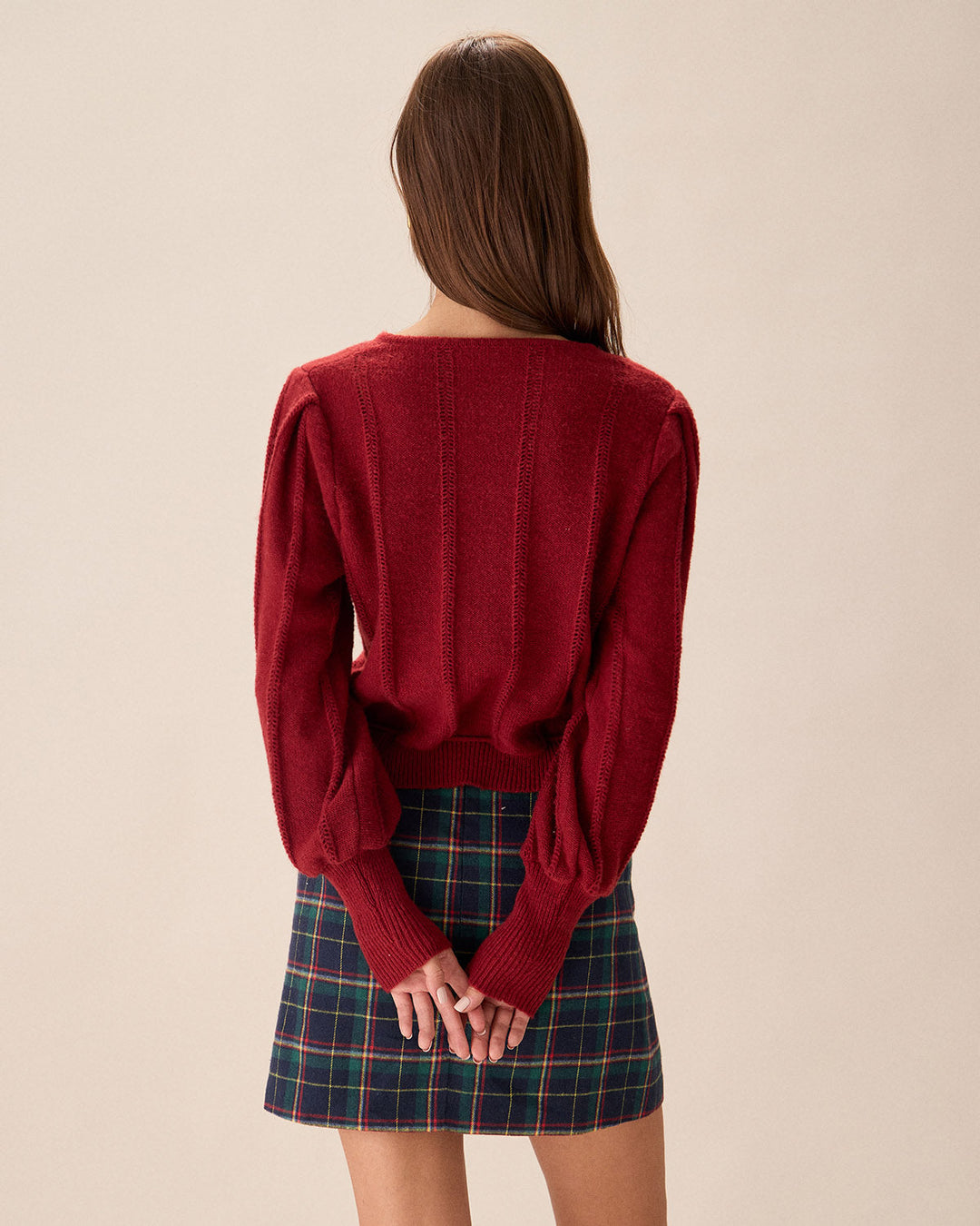 Red Lantern Sleeve Single-Breasted Cardigan - Celestia Couture