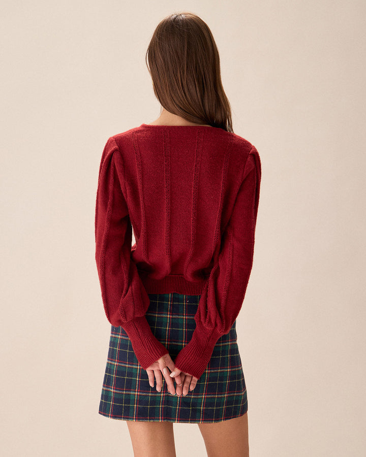 Red Lantern Sleeve Single-Breasted Cardigan - Celestia Couture