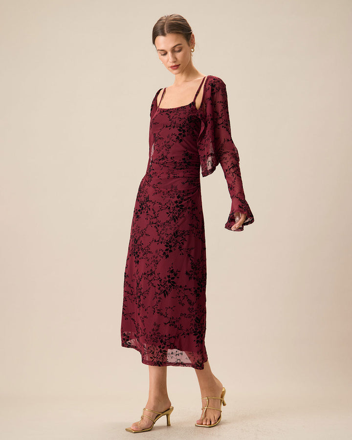 Red Floral Bodycon Slip Midi Dress - Celestia Couture