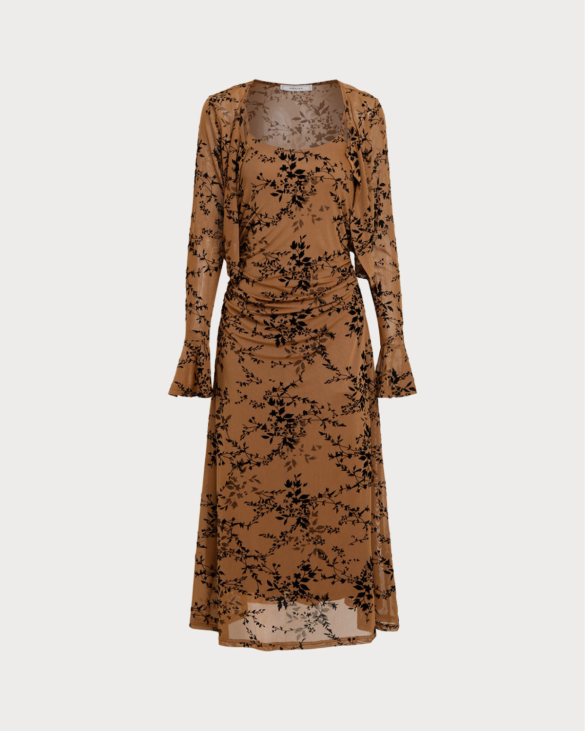 Brown Floral Two-piece Midi Dress