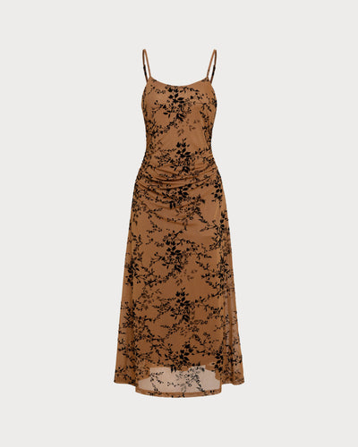 Brown Floral Two-piece Midi Dress